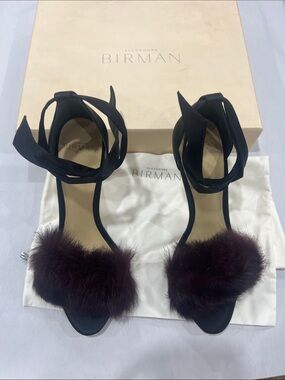 Alexandre Birman Black Ankle-Tie Sandals with Plum Fur Toe